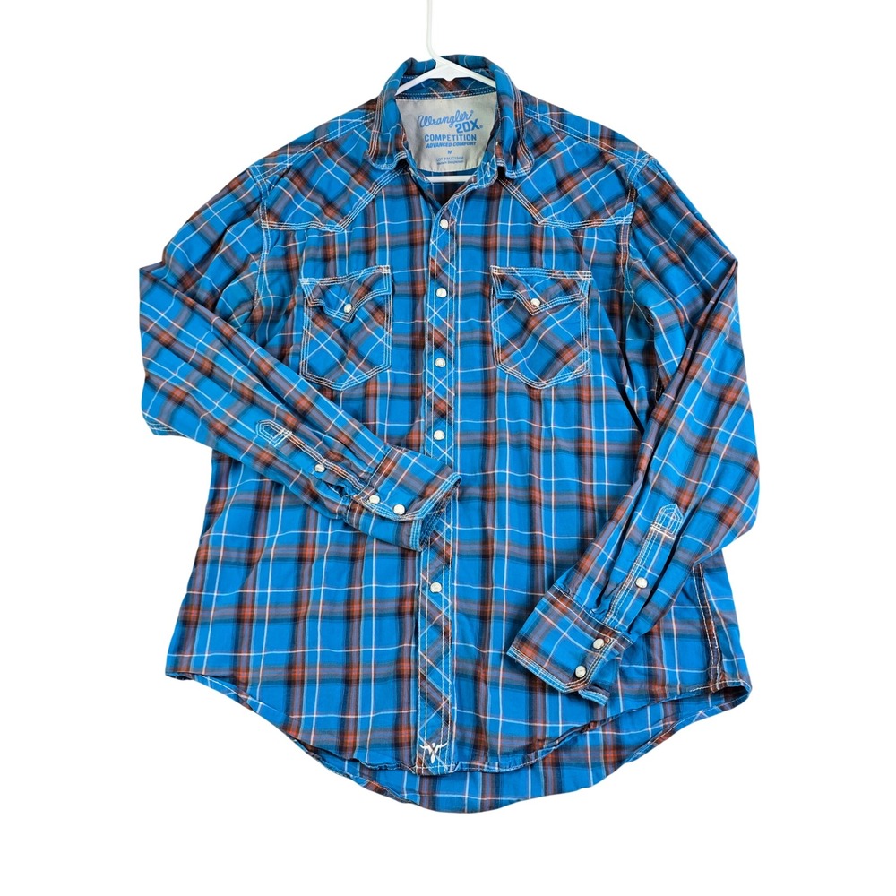 Wrangler 20X Western Pearl Snap Shirt Men Md Blue Plaid Competition Rodeo Cowboy